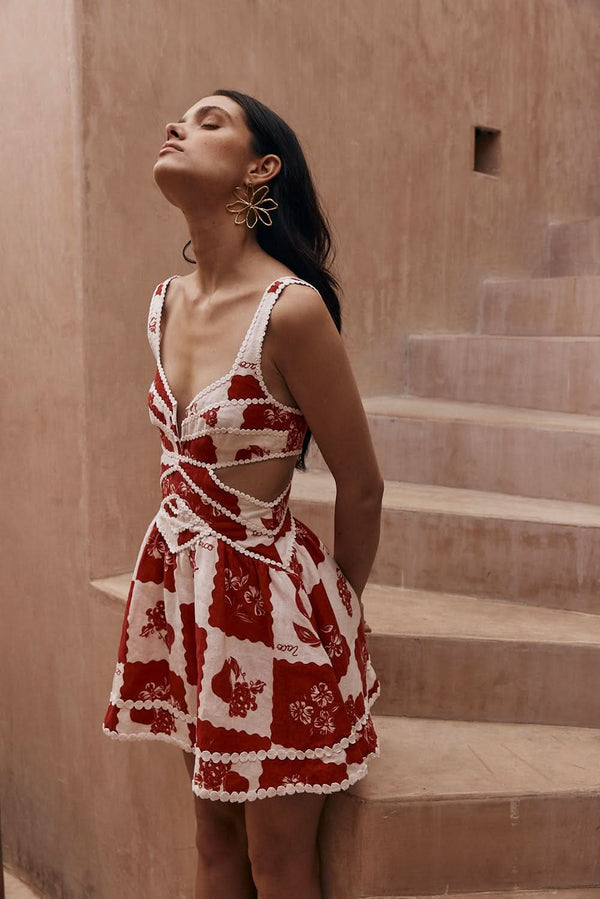 Women's Red Floral Cut Out Mini Dress for Wedding Guests