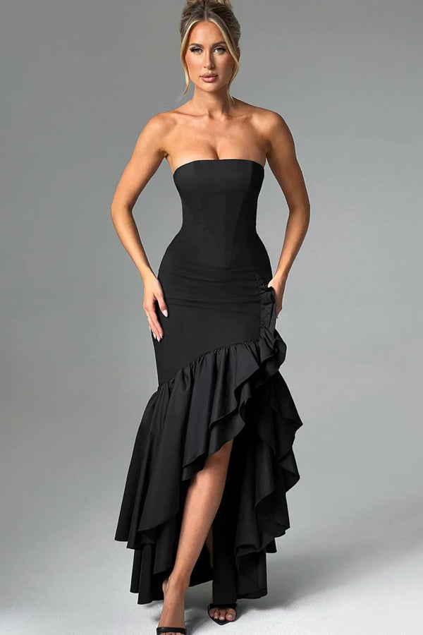 Black strapless maxi dress with ruffled side slit and fitted bodice