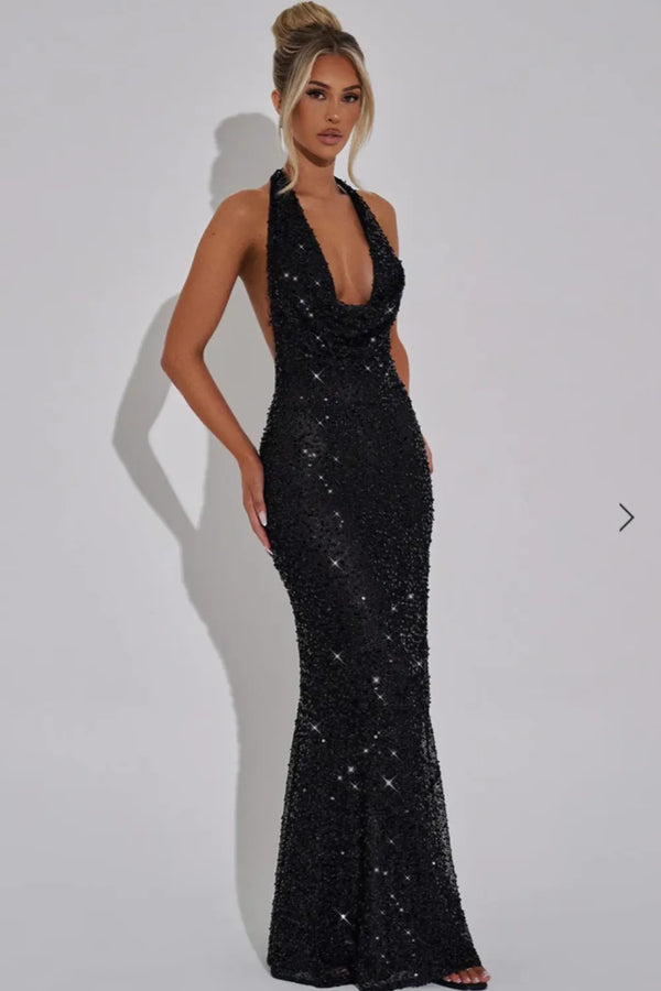 Black sequin halter maxi dress with plunging neckline and fitted silhouette
