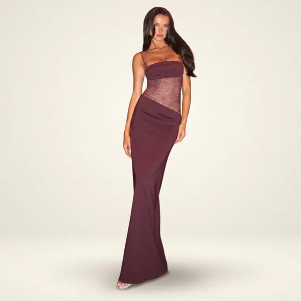 Women burgundy lace waist sleeveless maxi dress with fitted bodice