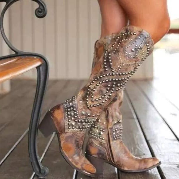 Women's Studded Western Knee-High Boots with Pointed Toe