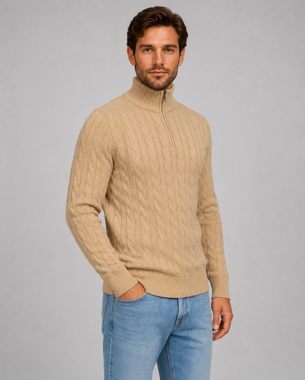 Men's Cable Knit Quarter-Zip Funnel Neck Jumper