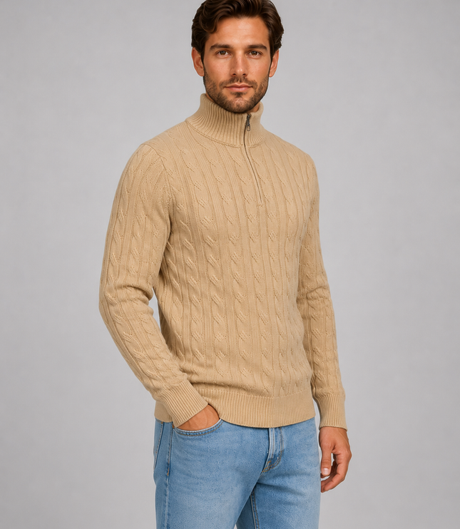 Men's Cable Knit Quarter-Zip Funnel Neck Jumper