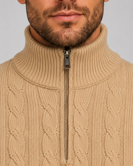 Men's Cable Knit Quarter-Zip Funnel Neck Jumper