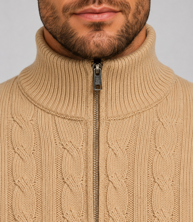 Men's Cable Knit Quarter-Zip Funnel Neck Jumper