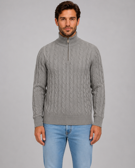Men's Cable Knit Quarter-Zip Funnel Neck Jumper