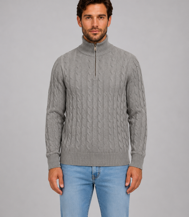 Men's Cable Knit Quarter-Zip Funnel Neck Jumper