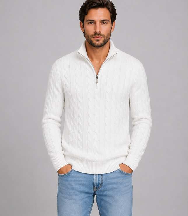Men's Cable Knit Quarter-Zip Funnel Neck Jumper
