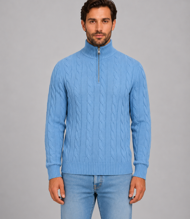 Men's Cable Knit Quarter-Zip Funnel Neck Jumper