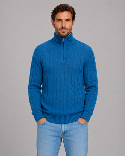 Men's Cable Knit Quarter-Zip Funnel Neck Jumper