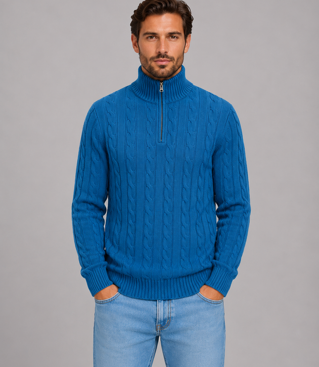 Men's Cable Knit Quarter-Zip Funnel Neck Jumper