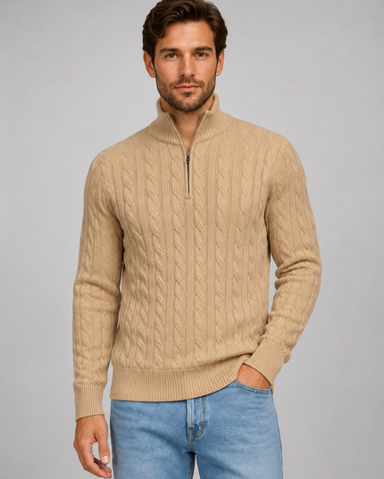 Men's Cable Knit Quarter-Zip Funnel Neck Jumper