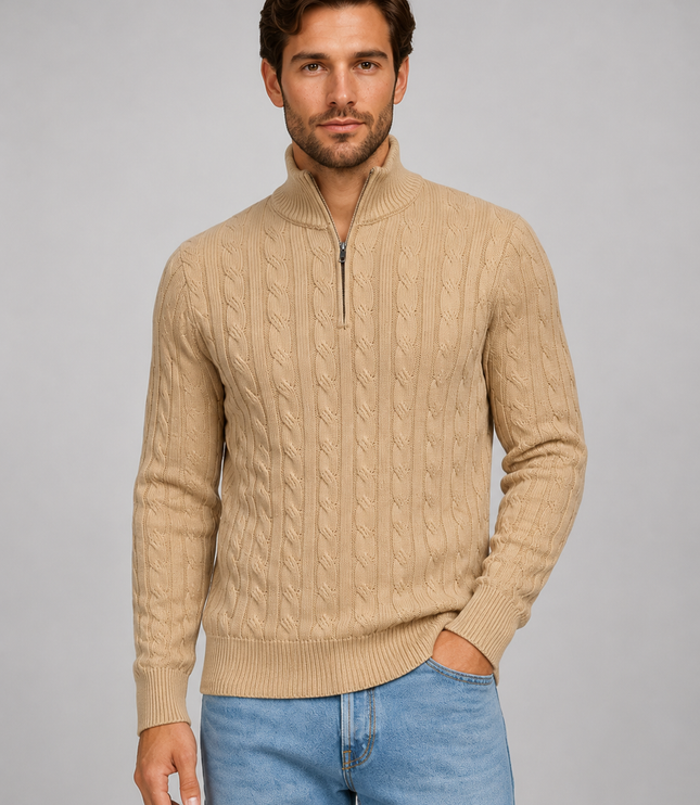 Men's Cable Knit Quarter-Zip Funnel Neck Jumper
