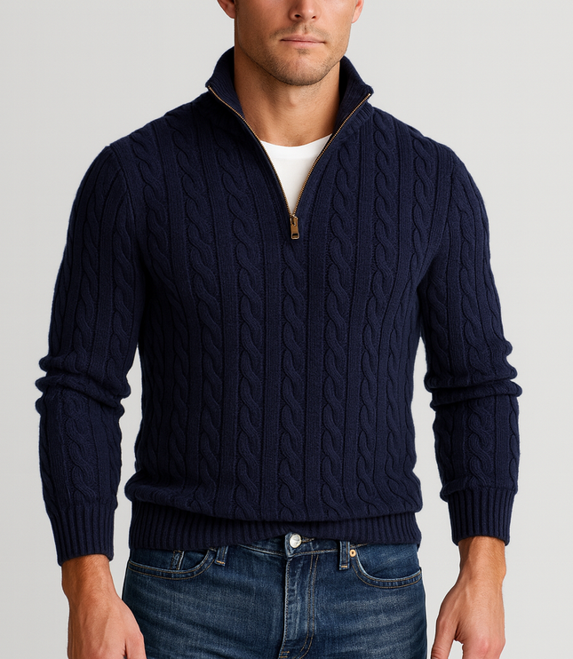 Men's Cable Knit Quarter-Zip Mock Neck Sweater