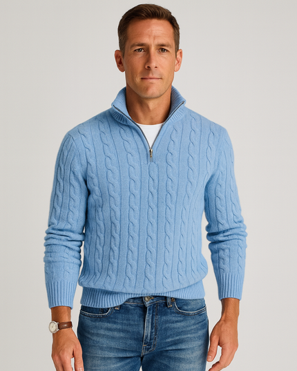 Men's Cable Knit Quarter-Zip Mock Neck Sweater