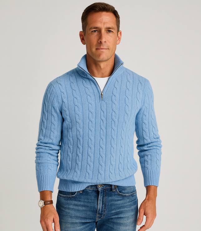 Men's Cable Knit Quarter-Zip Mock Neck Sweater