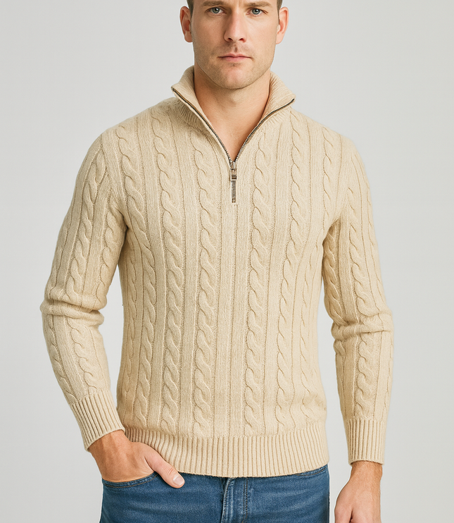 Men's Cable Knit Quarter-Zip Mock Neck Sweater