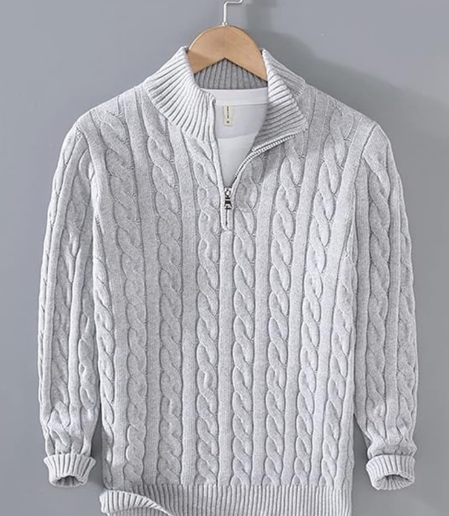 Men's Cable Knit Quarter-Zip Mock Neck Sweater