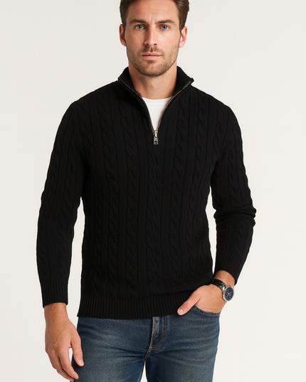 Men's Cable Knit Quarter-Zip Mock Neck Sweater