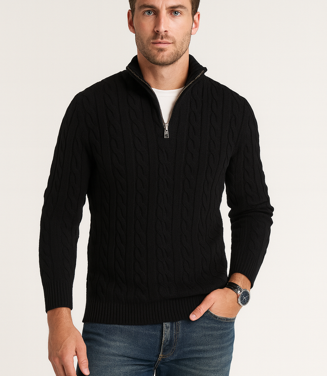 Men's Cable Knit Quarter-Zip Mock Neck Sweater