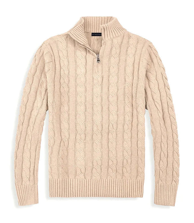 Men's Cable Knit Quarter-Zip Mock Neck Sweater