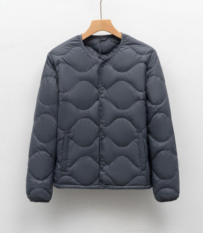 Men's Collarless Quilted Down Jacket with Snap Placket