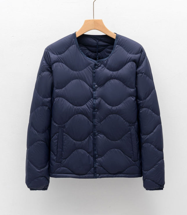 Men's Collarless Quilted Down Jacket with Snap Placket