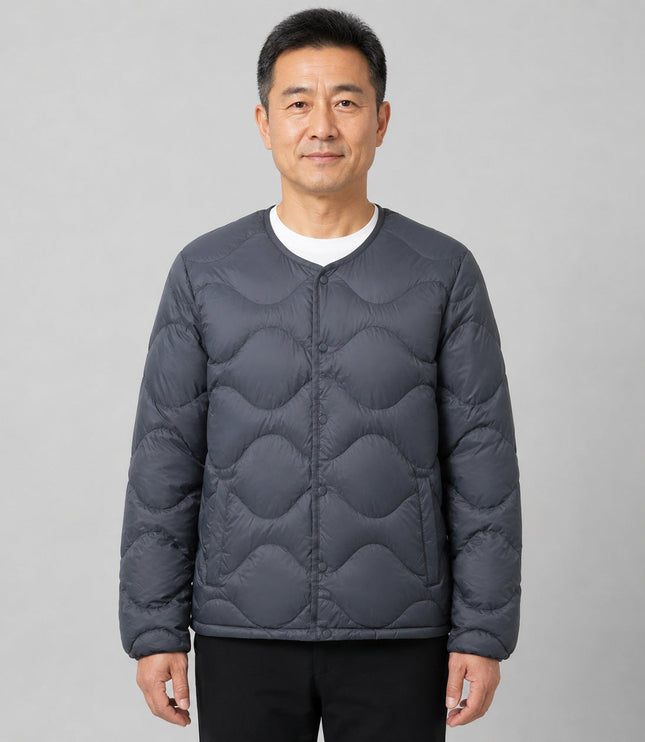 Men's Collarless Quilted Down Jacket with Snap Placket