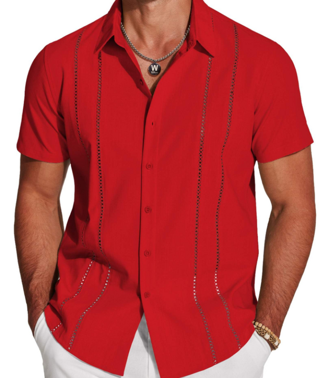 Men's Embroidered Camp-Collar Short-Sleeve Shirt