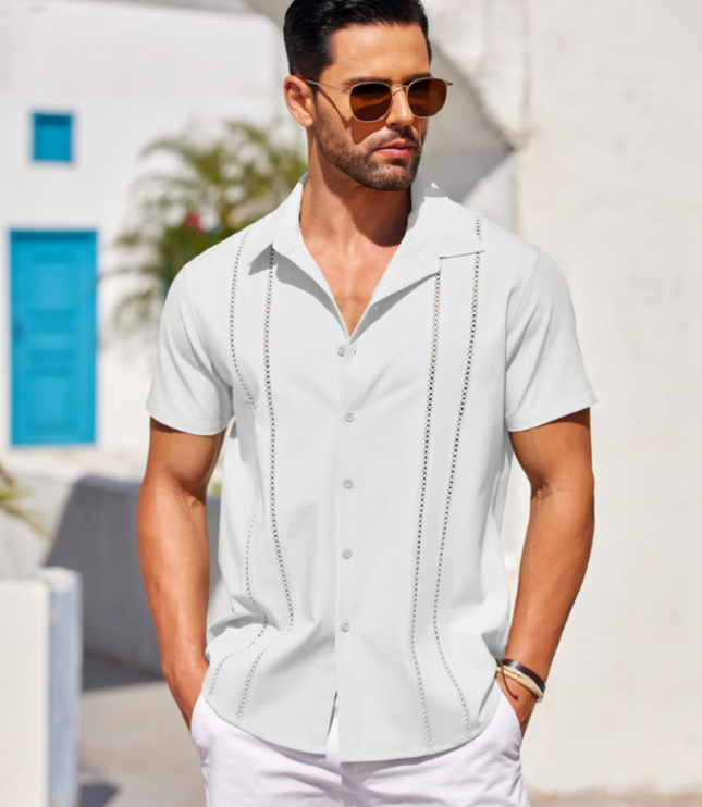 Men's Embroidered Camp-Collar Short-Sleeve Shirt