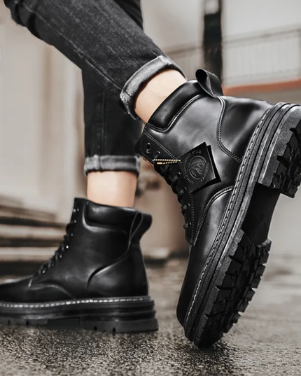 Men's Faux Leather Harness Boots with Buckle Strap