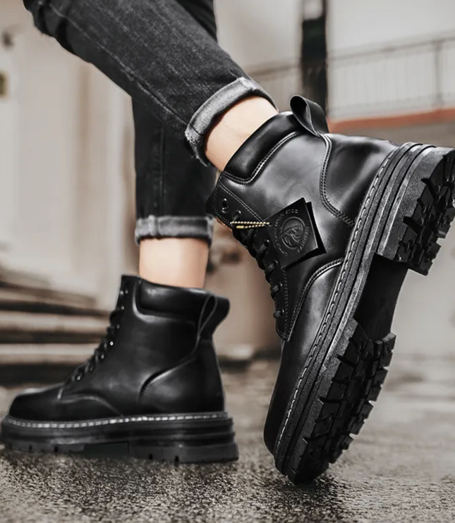 Men's Faux Leather Harness Boots with Buckle Strap