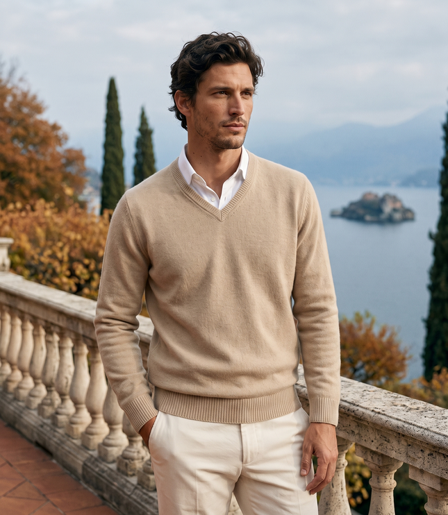 Men's Fine-Knit Ribbed V-Neck Sweater