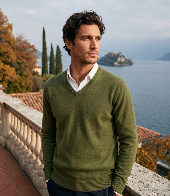 Men's Fine-Knit Ribbed V-Neck Sweater