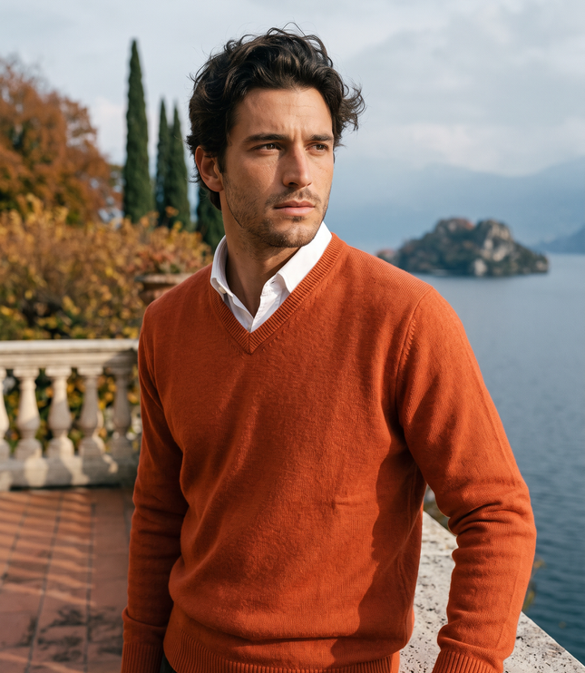 Men's Fine-Knit Ribbed V-Neck Sweater