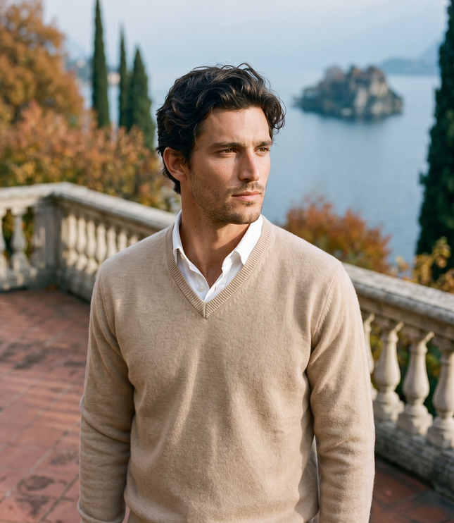 Men's Fine-Knit Ribbed V-Neck Sweater