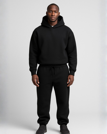 Men's Fleece Hoodie and Jogger Set with Ribbed Cuffs