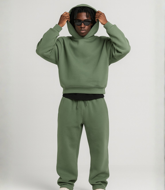 Men's Fleece Hoodie and Jogger Set with Ribbed Cuffs