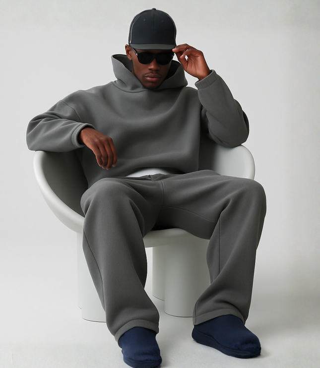 Men's Fleece Hoodie and Jogger Set with Ribbed Cuffs