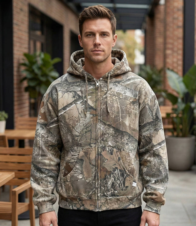 Men's Full Zip Camo Hoodie with Sherpa-Lined Hood