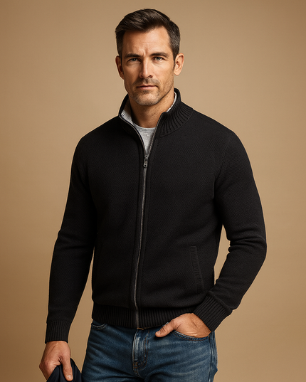 Men's Full-Zip Cardigan Sweater with Stand Collar