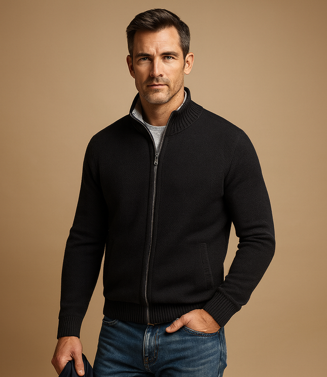 Men's Full-Zip Cardigan Sweater with Stand Collar