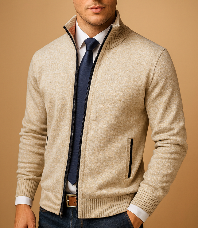 Men's Full-Zip Cardigan Sweater with Stand Collar