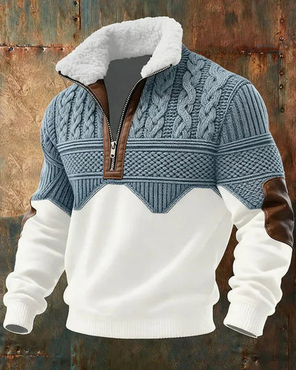 Men's Half Zip Pullover Sweater with Cable Knit and Stand Collar