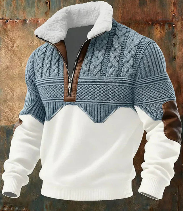 Men's Half Zip Pullover Sweater with Cable Knit and Stand Collar