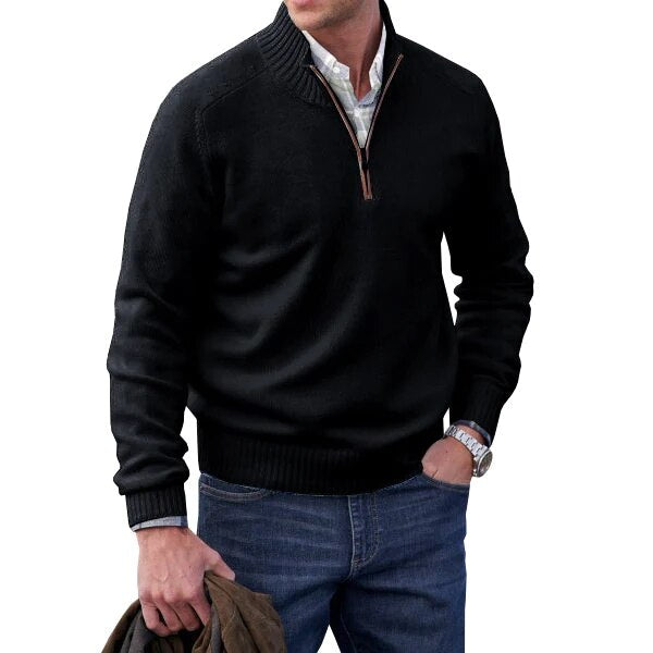Men's Half-Zip Sweater with Ribbed Stand Collar