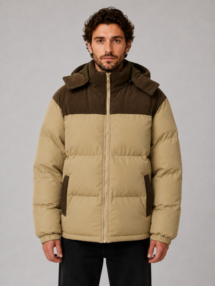 Men's Hooded Puffer Jacket with Corduroy Trim