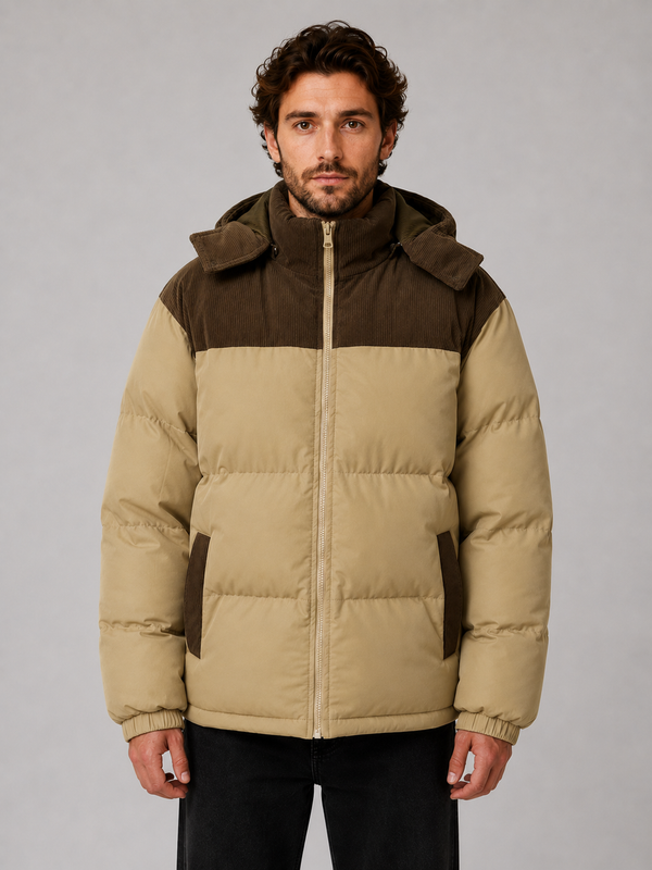 Men's Hooded Puffer Jacket with Corduroy Trim