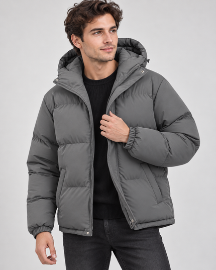 Men's Hooded Puffer Jacket with Funnel Neck
