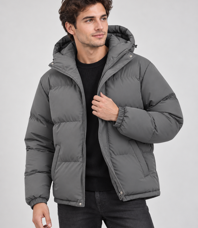 Men's Hooded Puffer Jacket with Funnel Neck